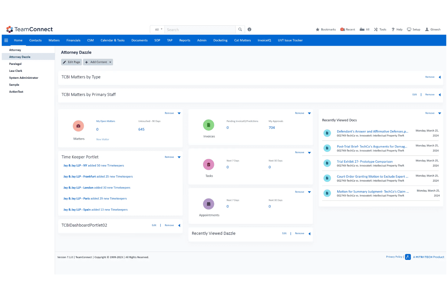 TeamConnect centralise les dossiers, les dépenses, les avocats externes, la saisine et la conformité.