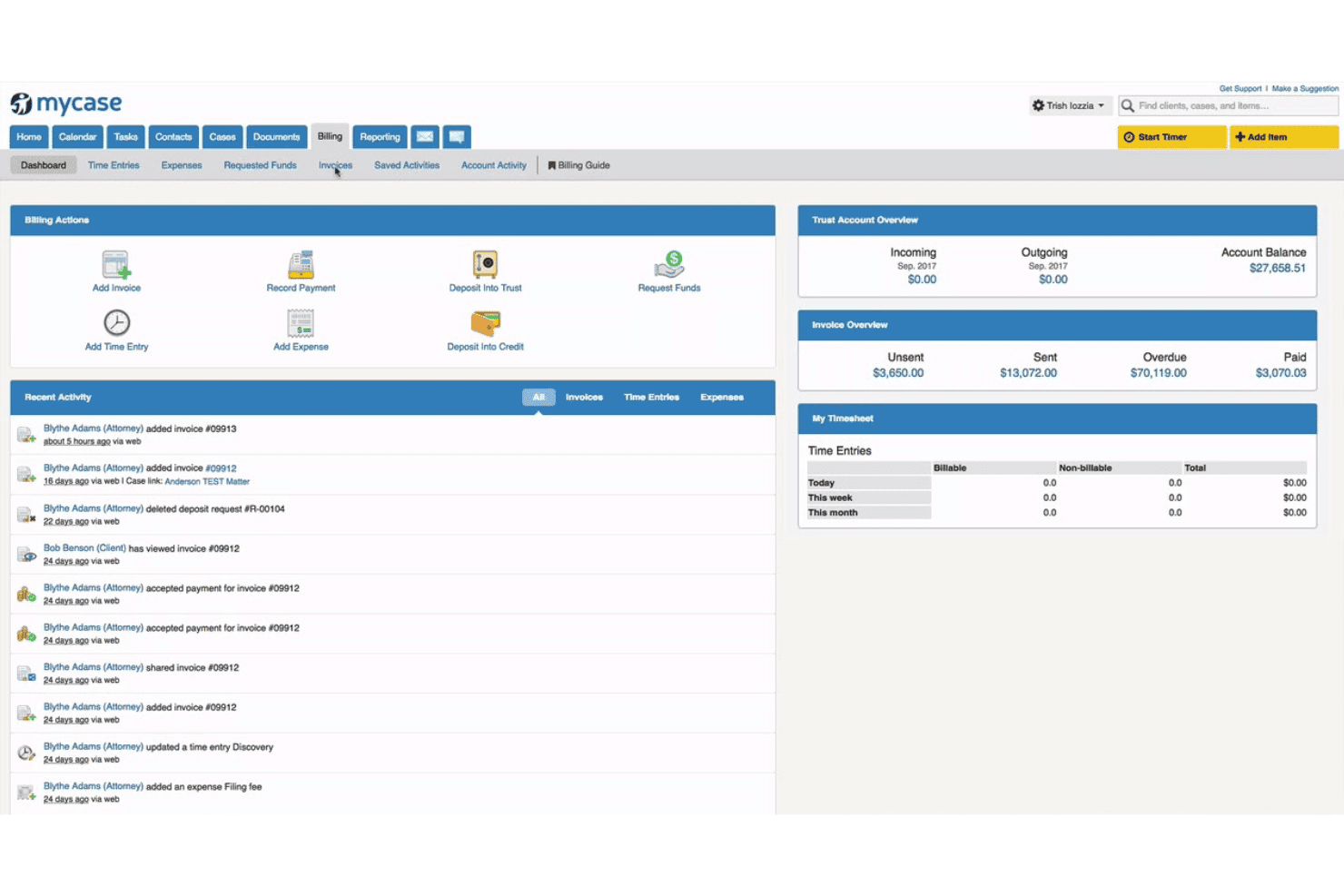 MyCase combines case management, billing, trust accounting, and client communication.
