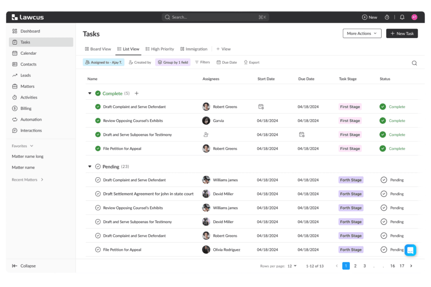 Lawcus monitora le attività degli studi legali con pipeline Kanban e flussi di lavoro collegati alle pratiche.
