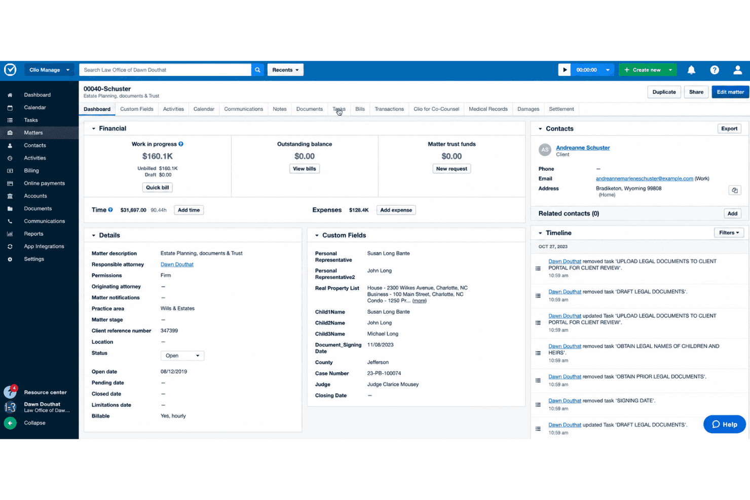 Clio Manage gestisce le attività delle pratiche, le scadenze processuali, il monitoraggio del tempo e la collaborazione con i clienti.