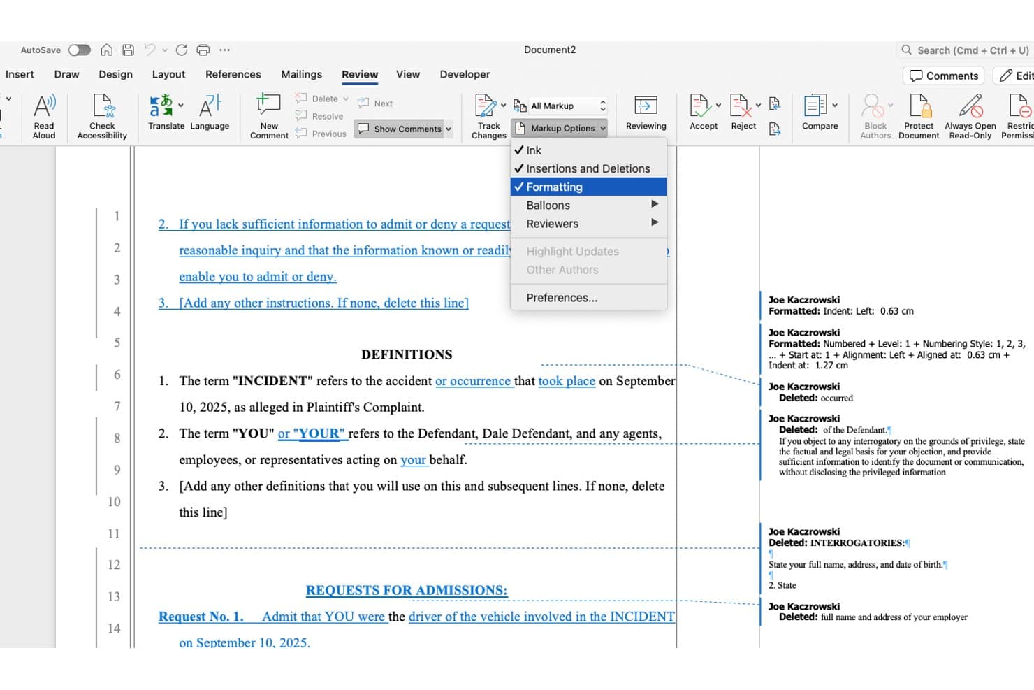 Microsoft Word-dokument med menuen Spor ændringer åben, der viser formateringsindstillinger.