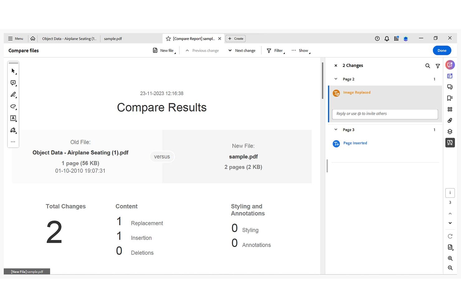Skærmbilledet Sammenligningsresultater i Adobe Acrobat viser 2 ændringer på tværs af to PDF-filer.