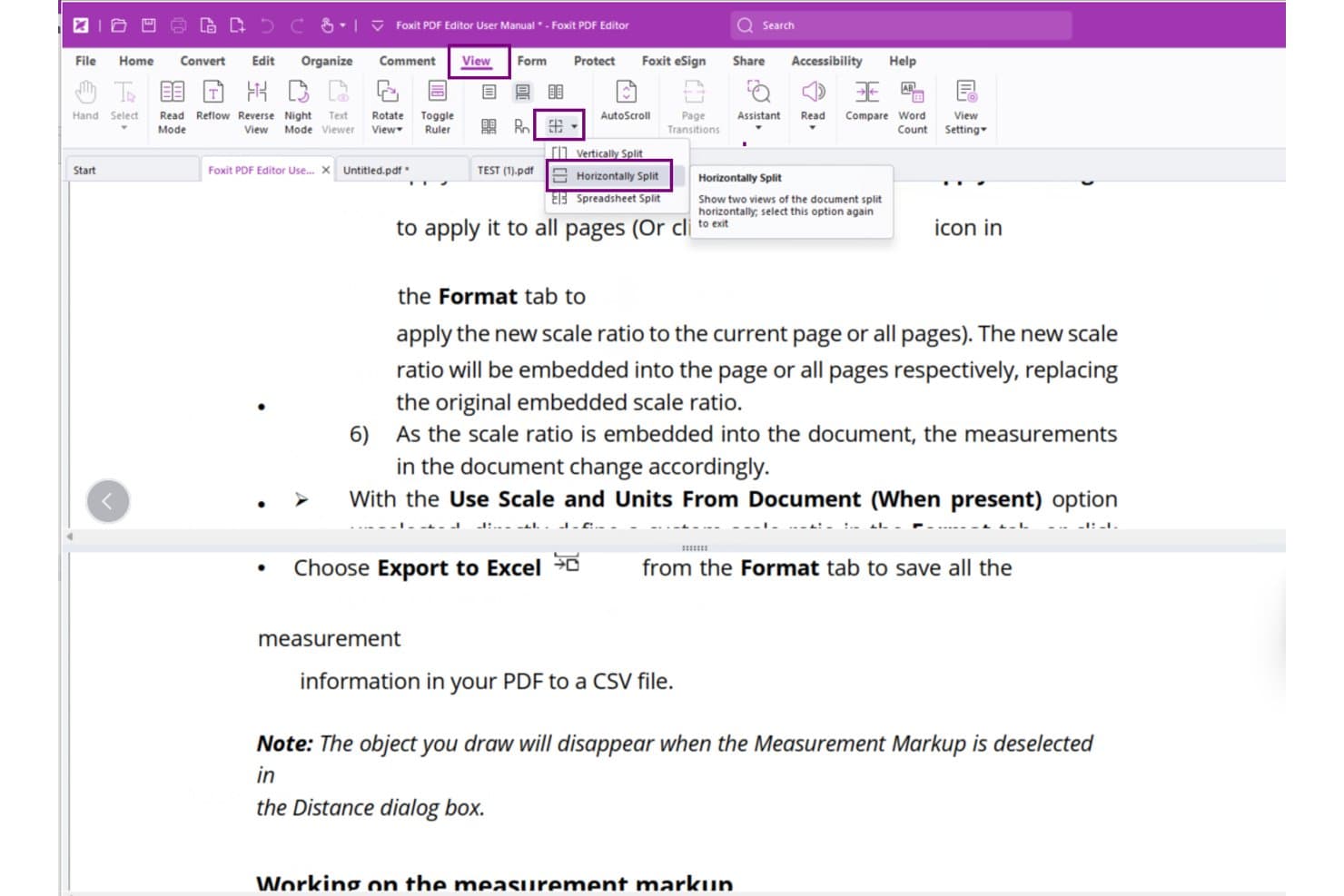 Fanen Vis i Foxit PDF Editor viser indstillingen Vandret opdelt valgt i rullemenuen.