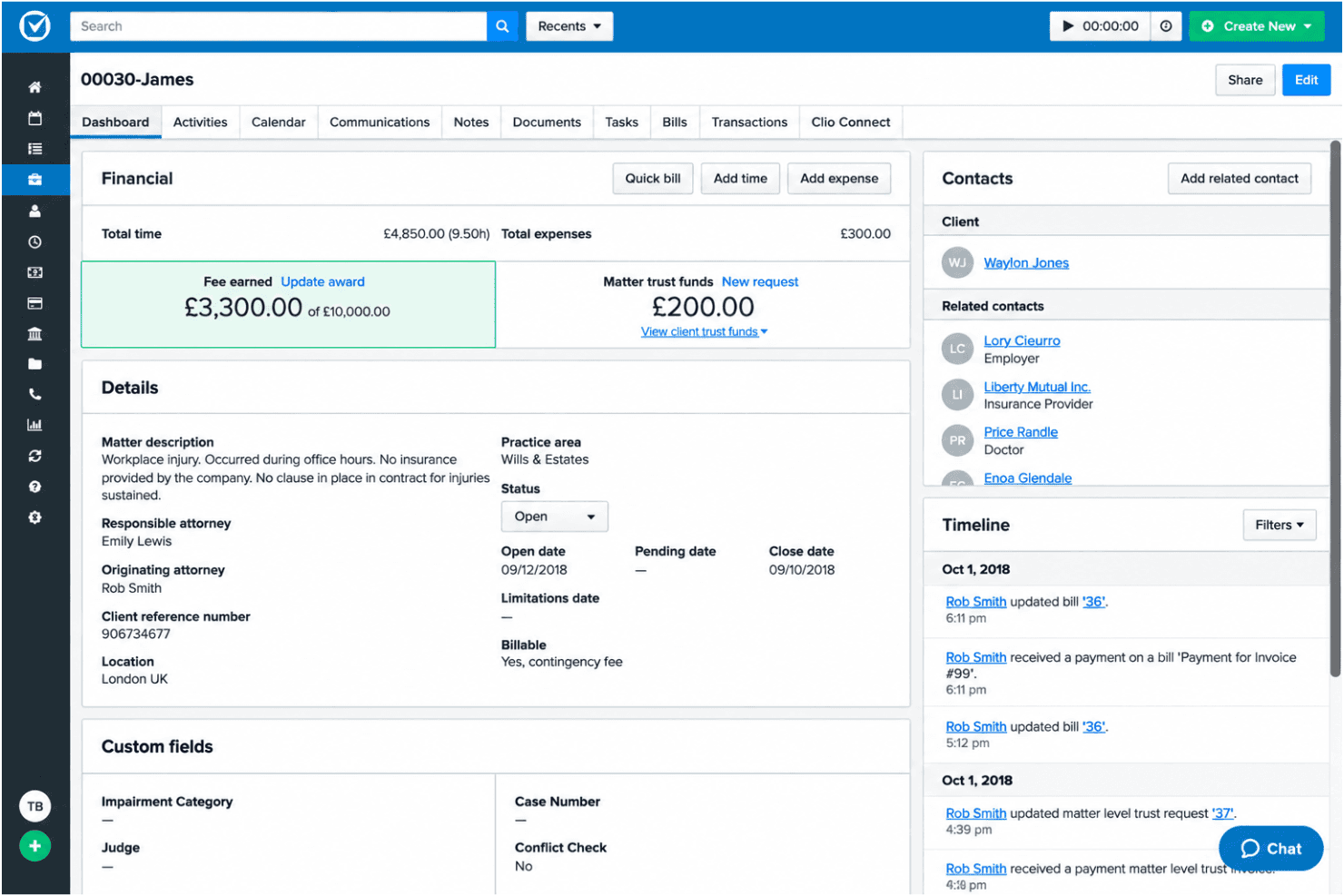 Clio centralizes probate matter details, contacts, and billing in one view.