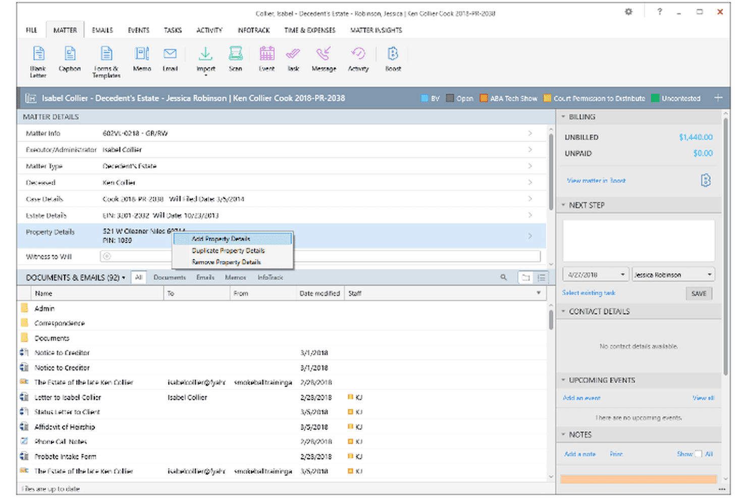 Smokeball automates probate court forms, heir records, and case deadlines.