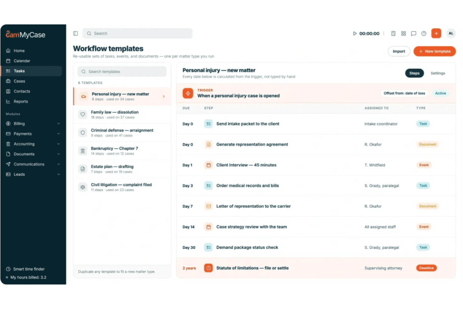 MyCase manages probate workflows with configurable case stages, automated tasks, and client portals.