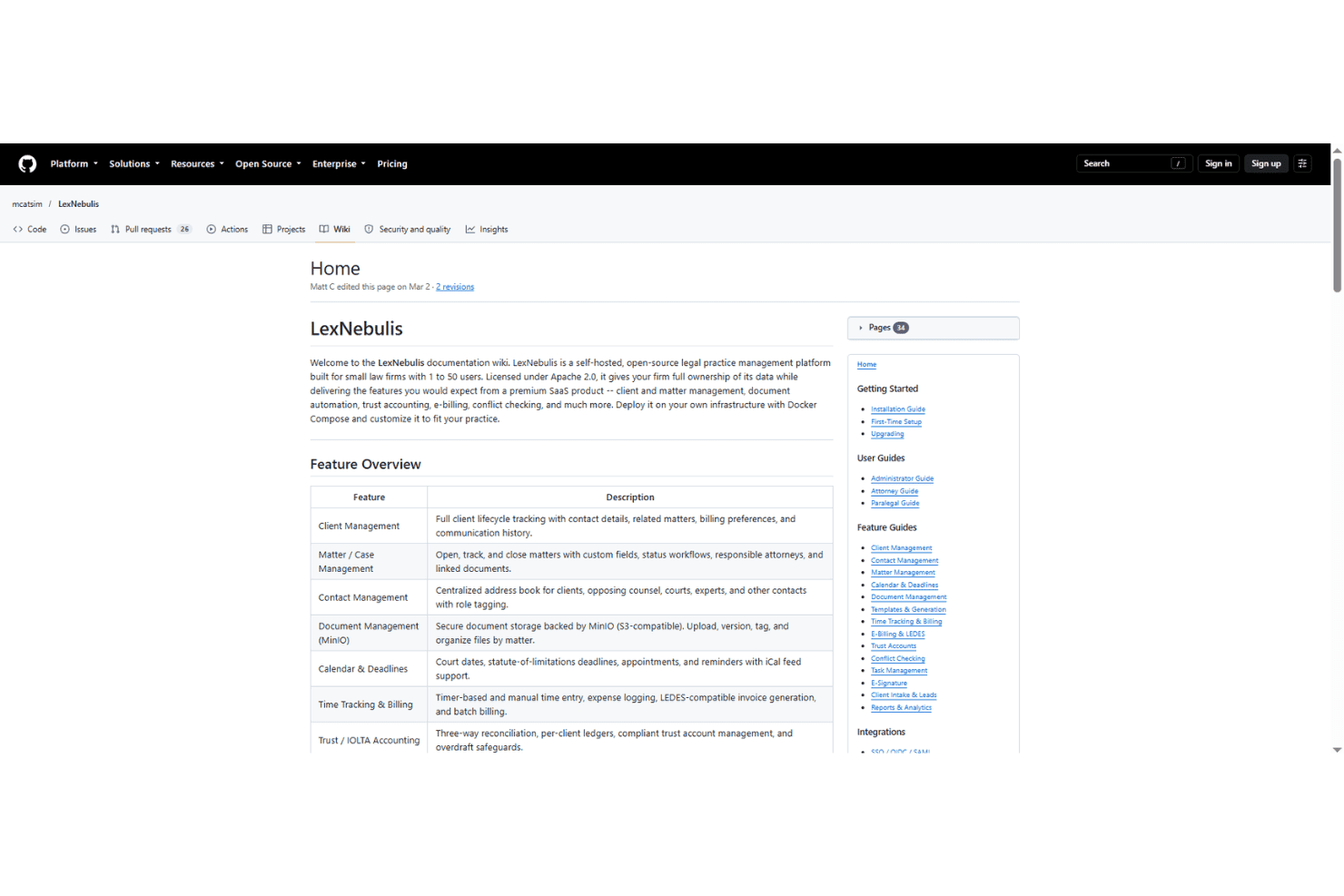 GitHub-wikiside for LexNebulis, der viser en oversigtstabel over funktioner og et navigationspanel i siden.