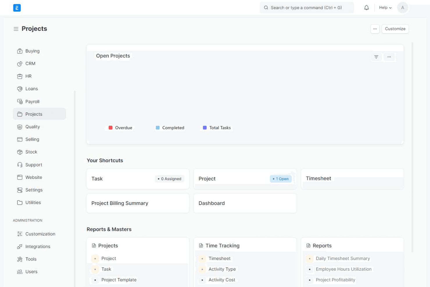 ERPNexts projektdashboard viser åbne projekter, genveje og rapportmenu.
