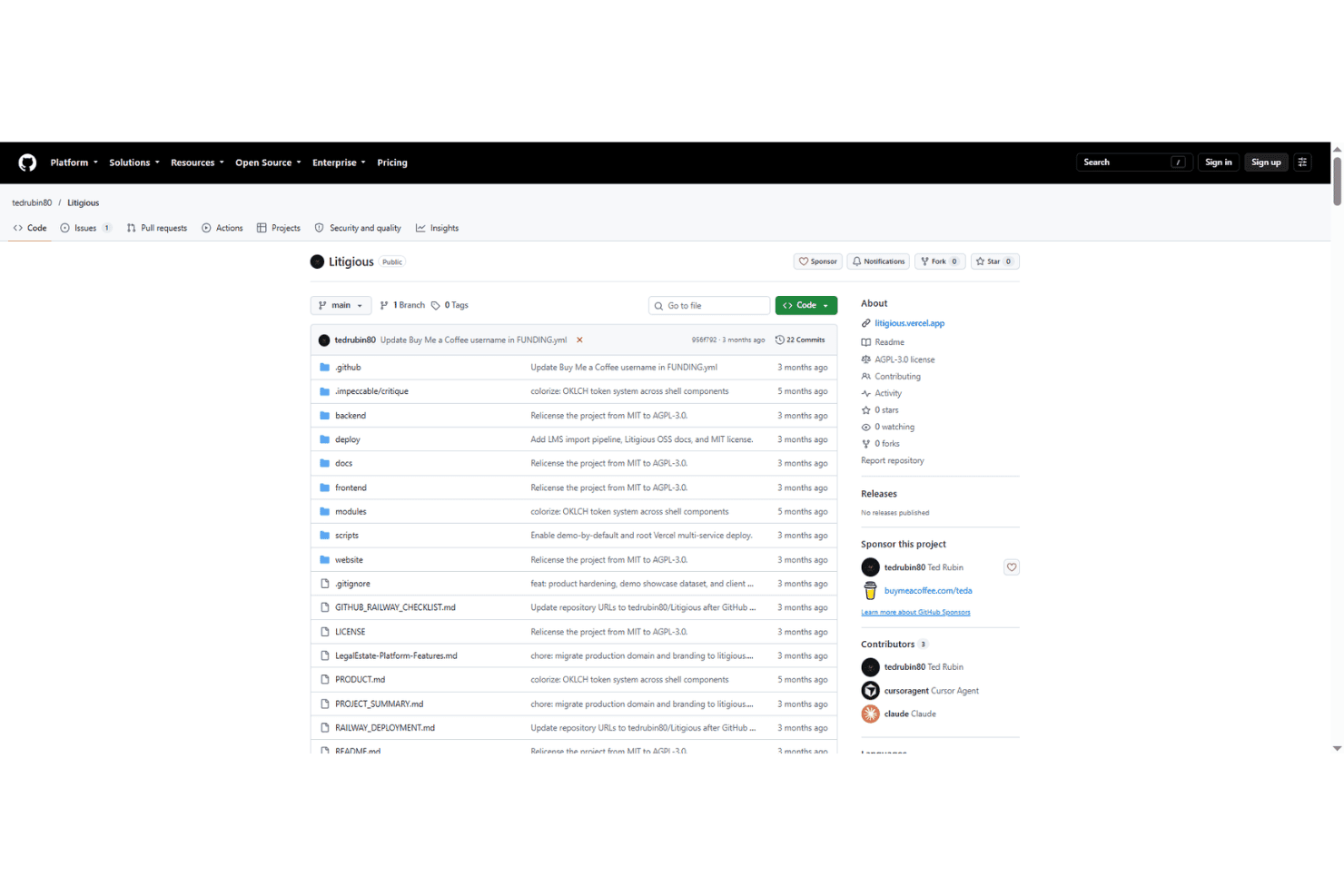 GitHub-lagerside for Litigious, et offentligt projekt med åben kildekode af tedrubin80.