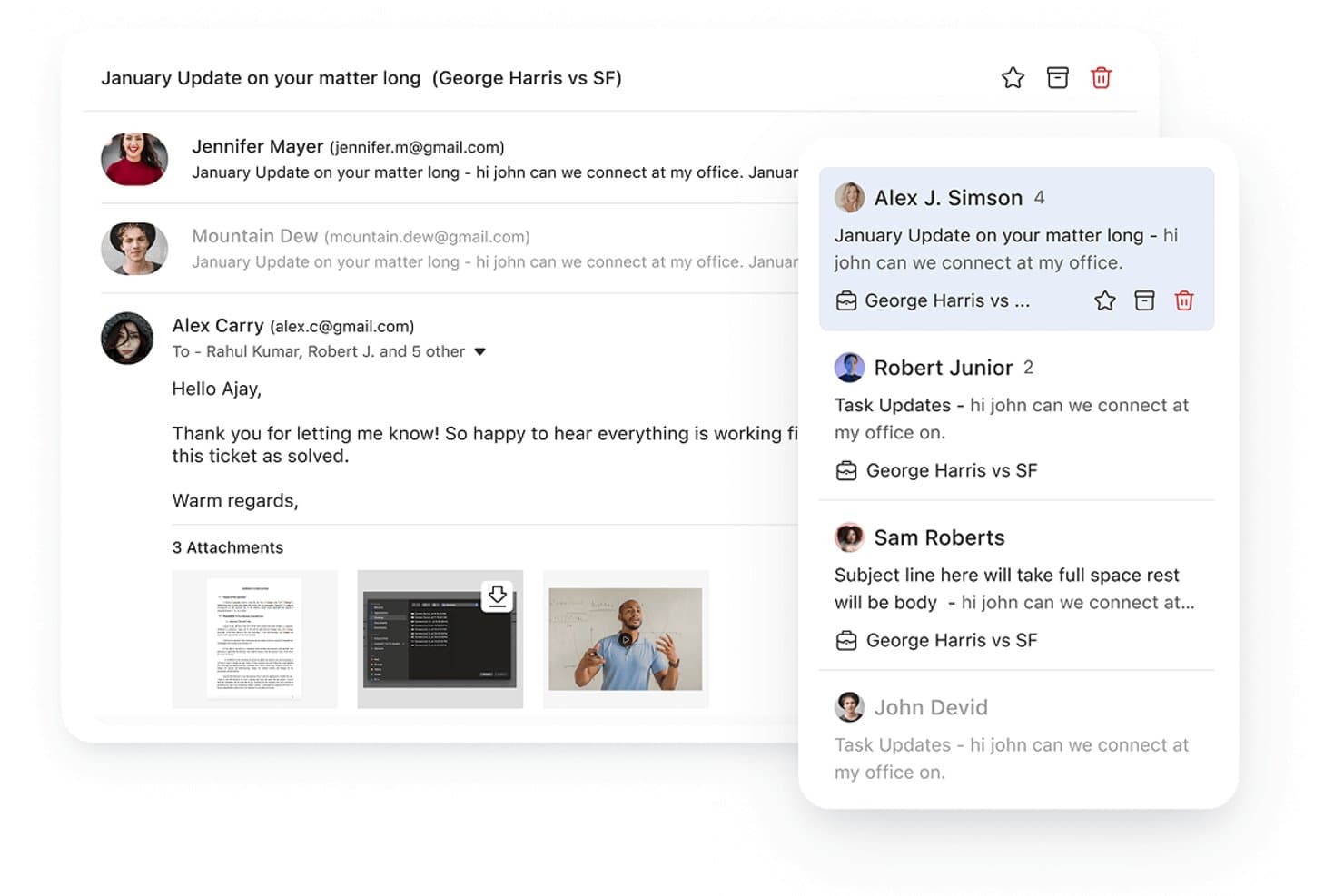 Lawcus email thread panel showing messages, attachments, and sidebar contacts.