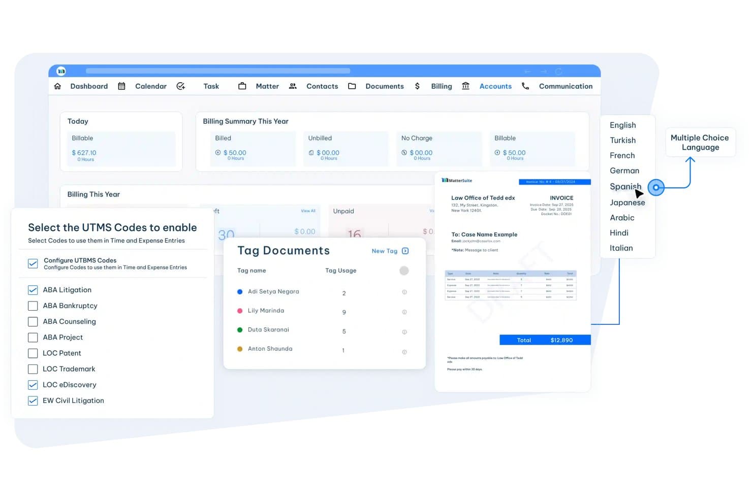 MatterSuite-instrumentpanel som visar faktureringsöversikt, dokumenttaggning, UTBMS-koder och språkval.