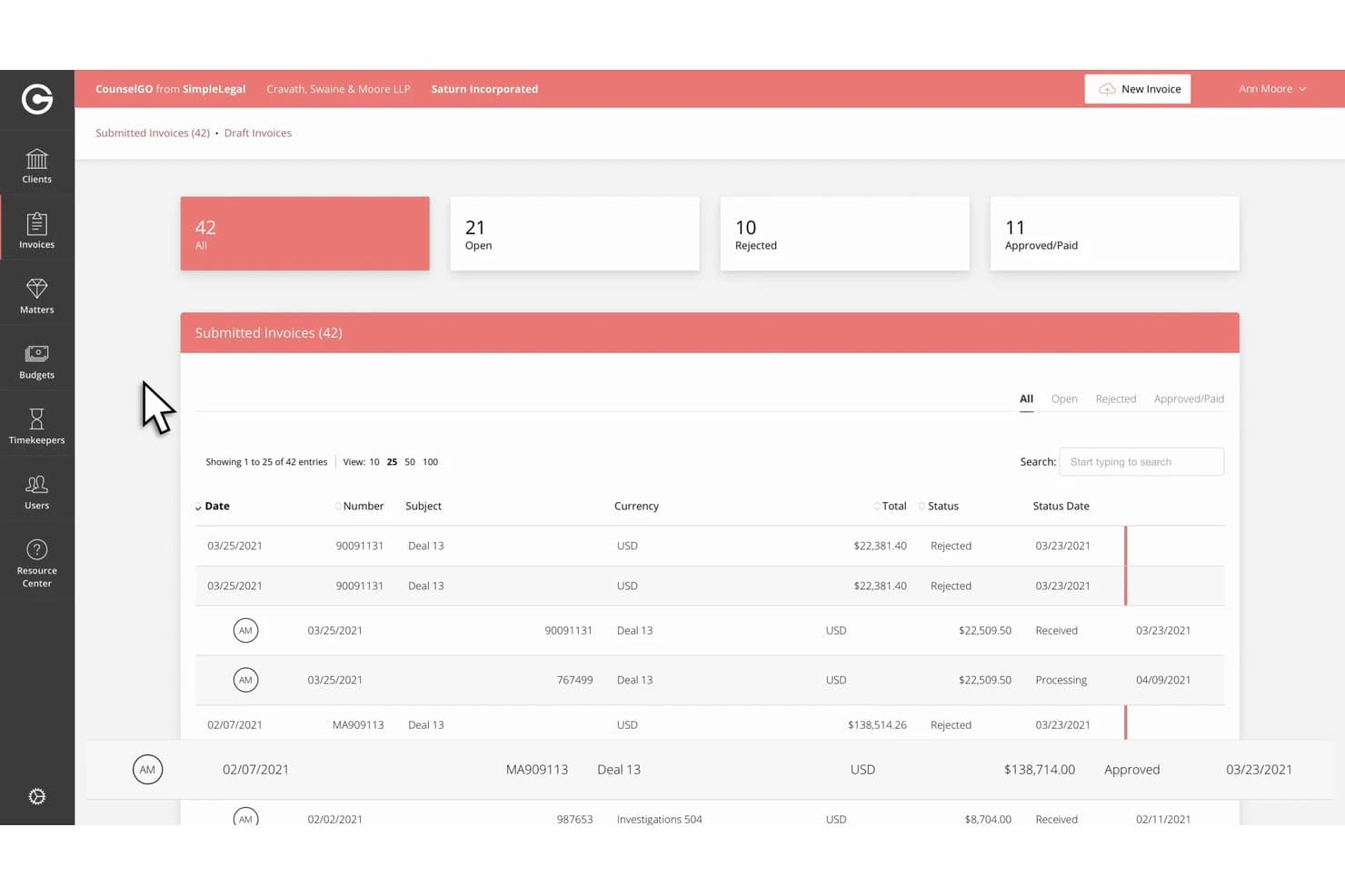 Kontrolpanel i Onit SimpleLegal med indsendte fakturaer, der viser 42 fakturaer med statusfiltre.