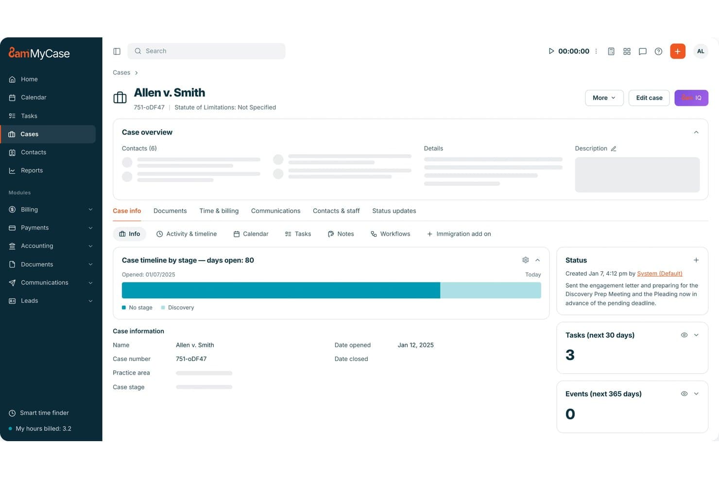 MyCase case management dashboard showing Allen v. Smith case overview and timeline.
