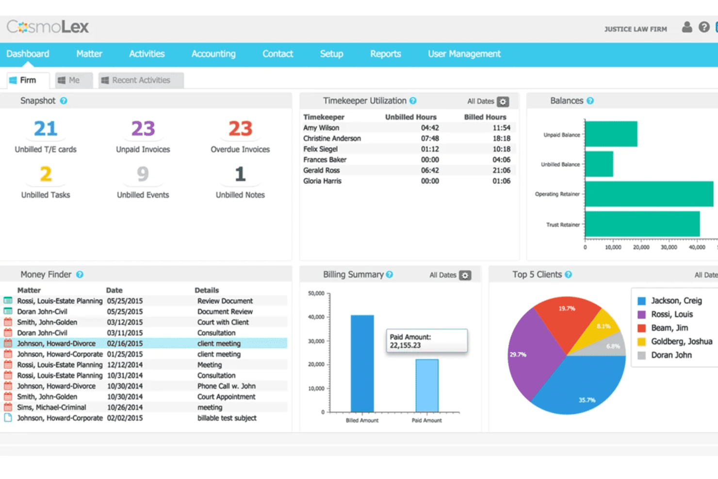 CosmoLex combines legal accounting, trust reconciliation, and unbilled time tracking.