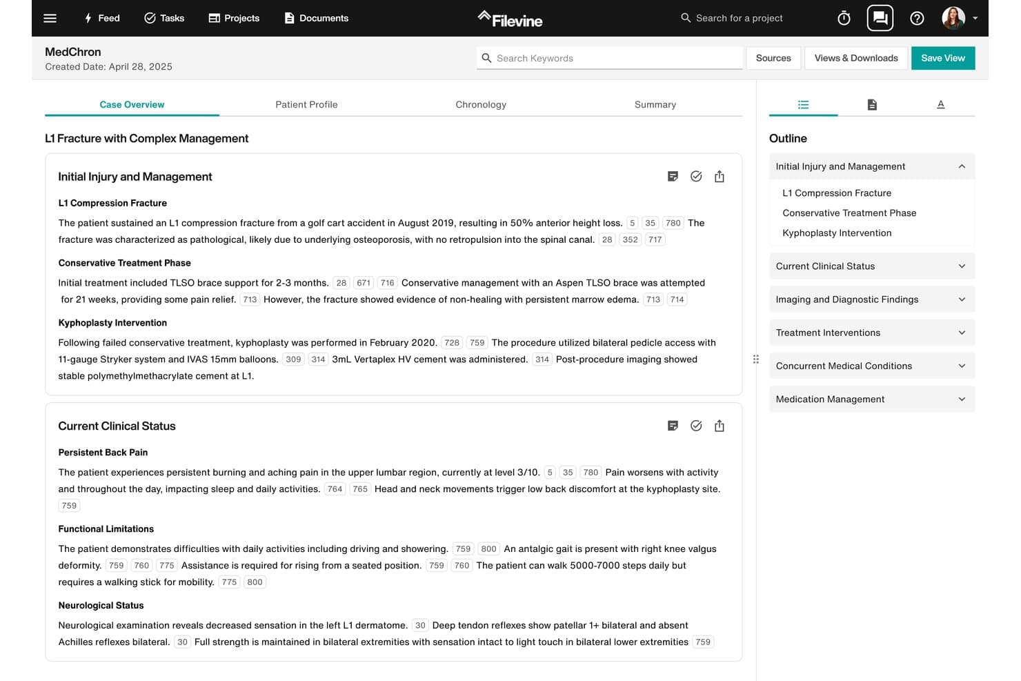 Filevine MedChron dashboard showing L1 fracture case overview with medical timeline.