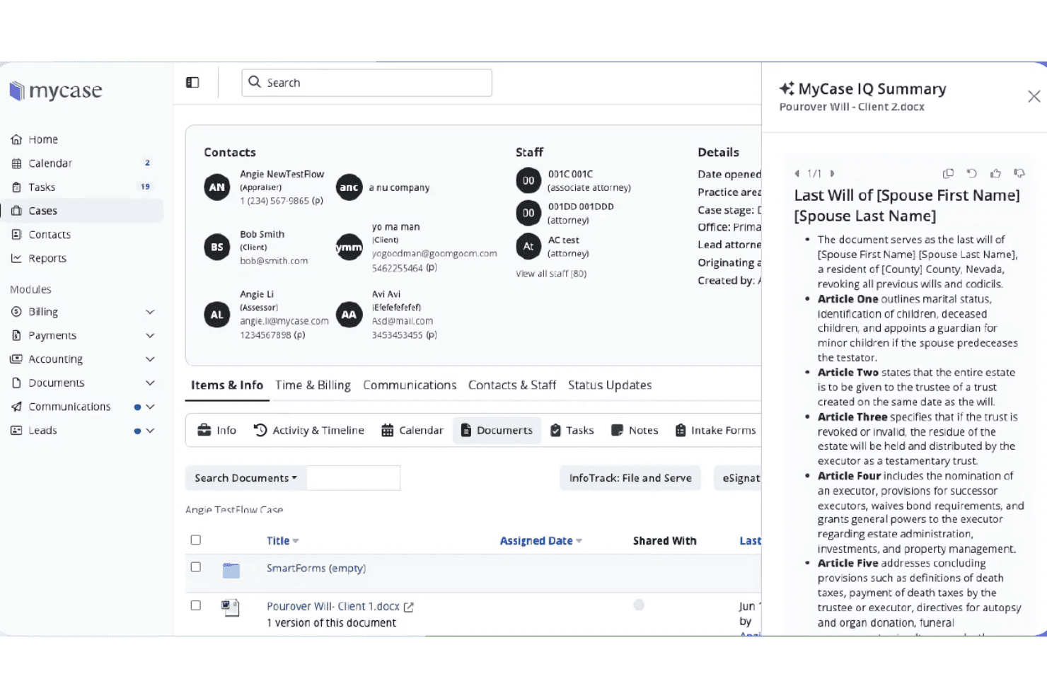 MyCase case management interface showing AI document summary panel for a will.