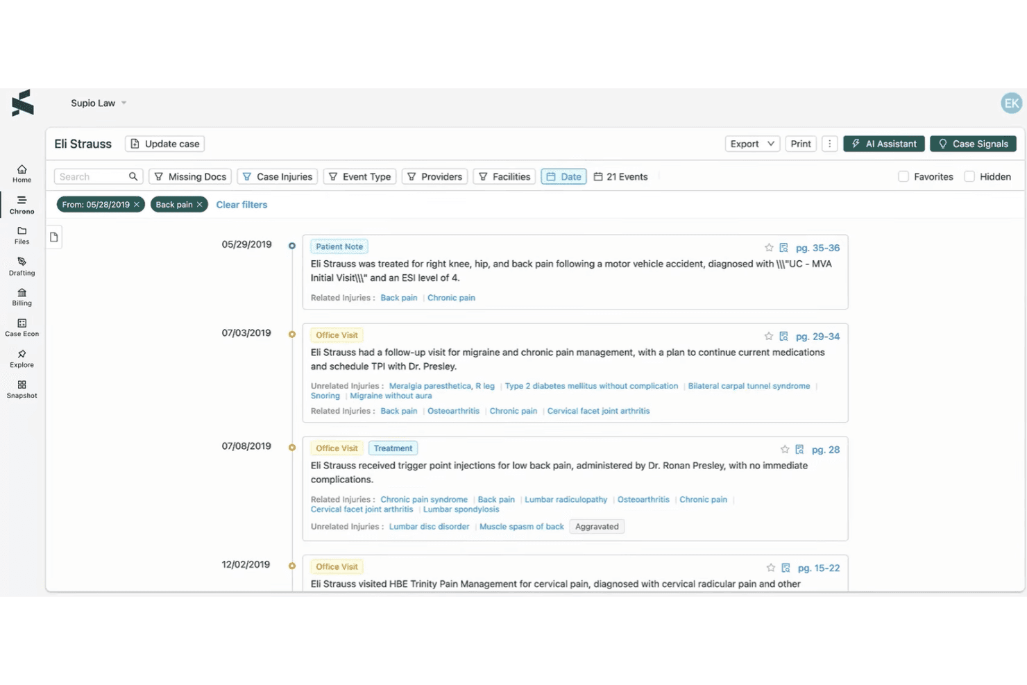 Supio legal software showing a patient case timeline with medical events and injury tags.