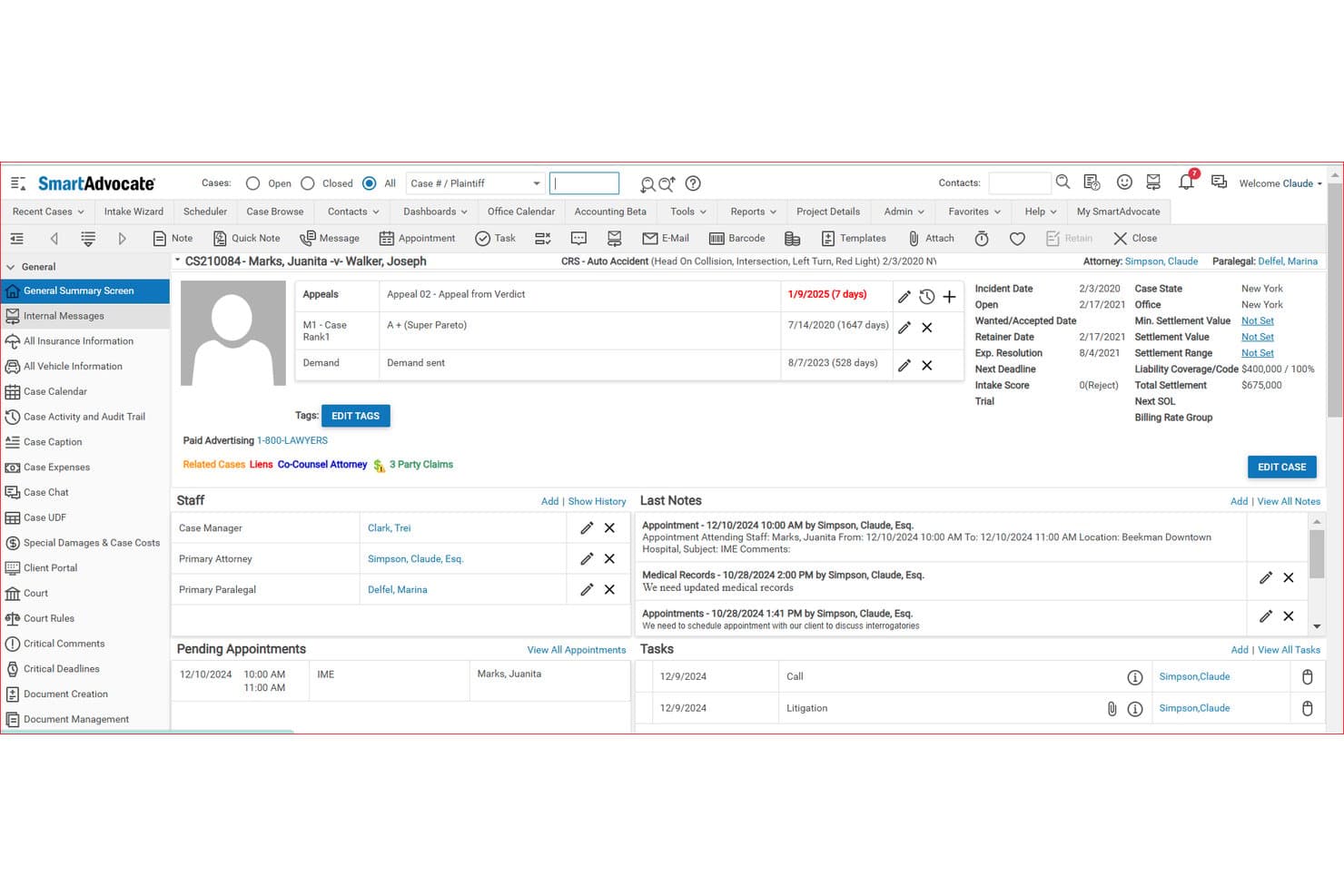 SmartAdvocate case summary screen showing case details, staff, notes, and tasks.