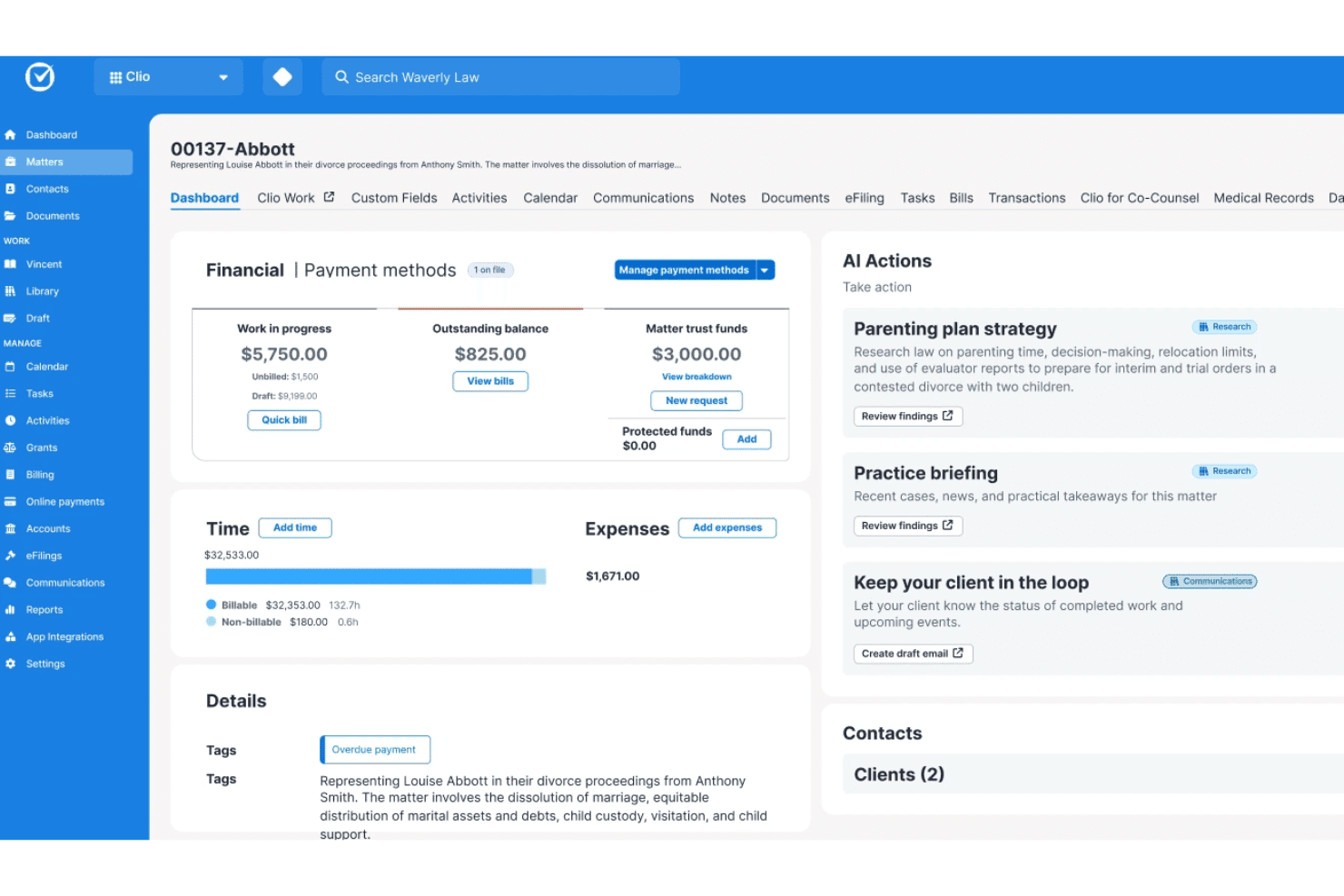 Clio matter dashboard showing financial summary, time tracking, and AI action suggestions.