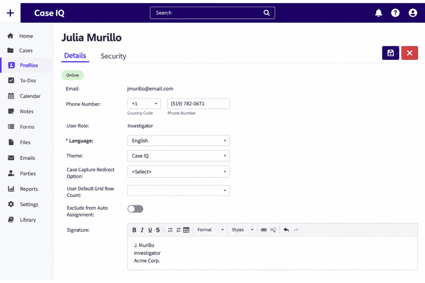 Case IQ user profile page showing contact details, role, and email signature fields.