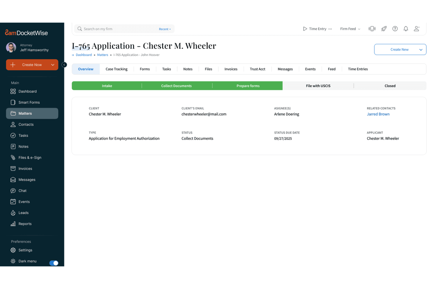 Docketwise matter overview for I-765 application showing client and case status details.
