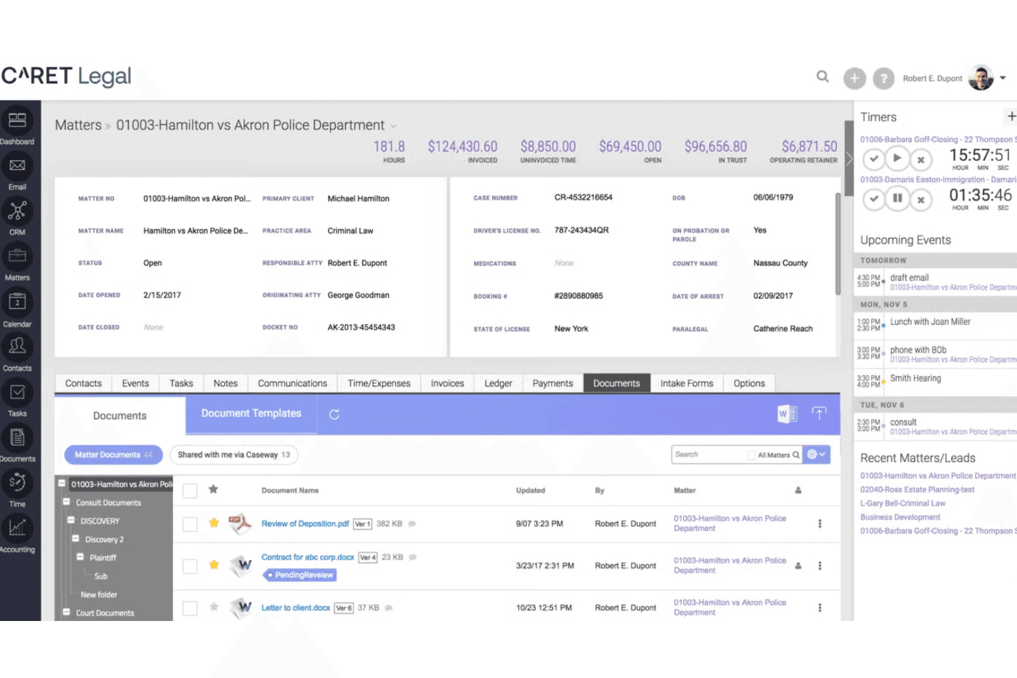 CARET Legal matter management screen showing documents tab with version-controlled files.