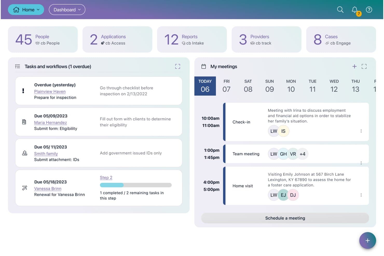Casebook organiza la admisión de clientes, los registros de casos, el seguimiento de servicios y la generación de informes.