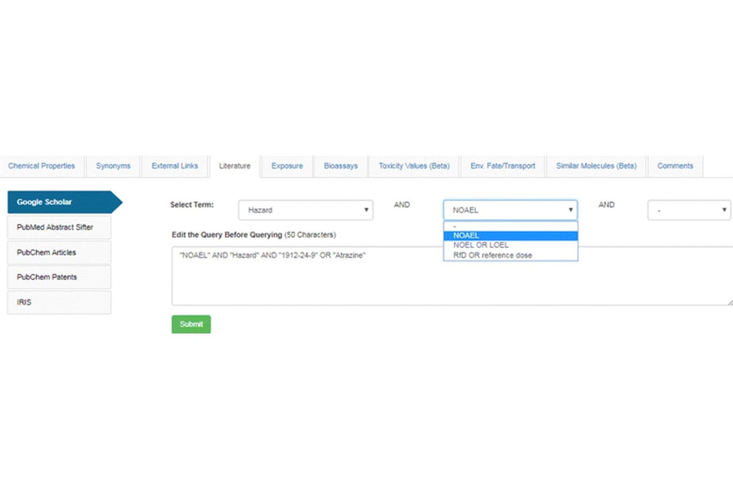Generatore di query di Google Scholar con campi a discesa per i termini Pericolo e NOAEL e pulsante Invia.