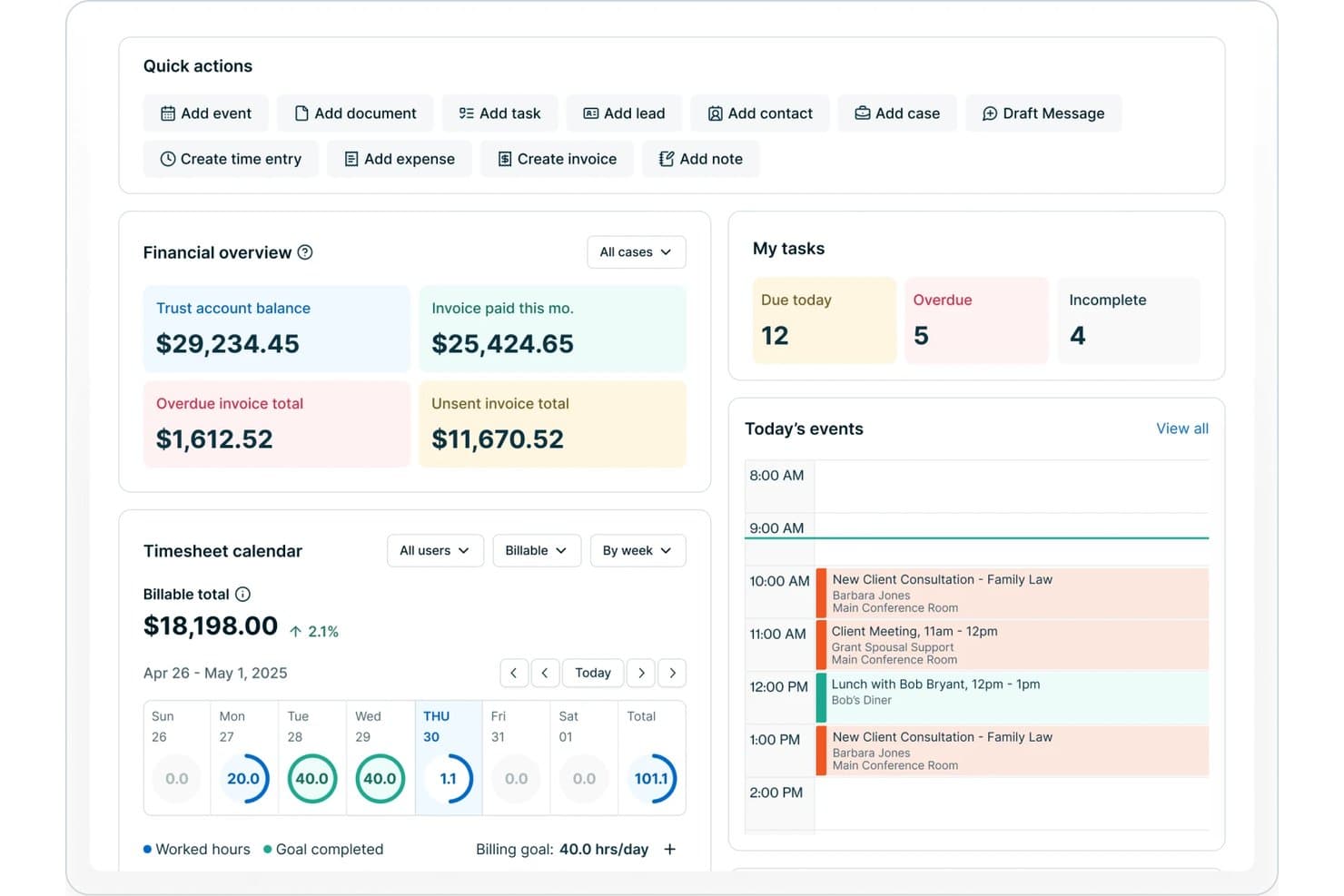 8am Dashboard einer Anwaltskanzlei mit Finanzübersicht, Aufgaben, Arbeitszeiterfassungskalender und heutigen Terminen.