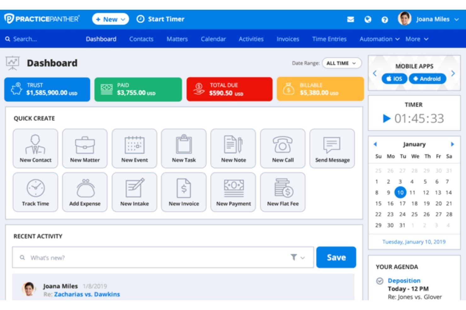 PracticePanther manages cases, court calendars, billing, trusts, and documents.
