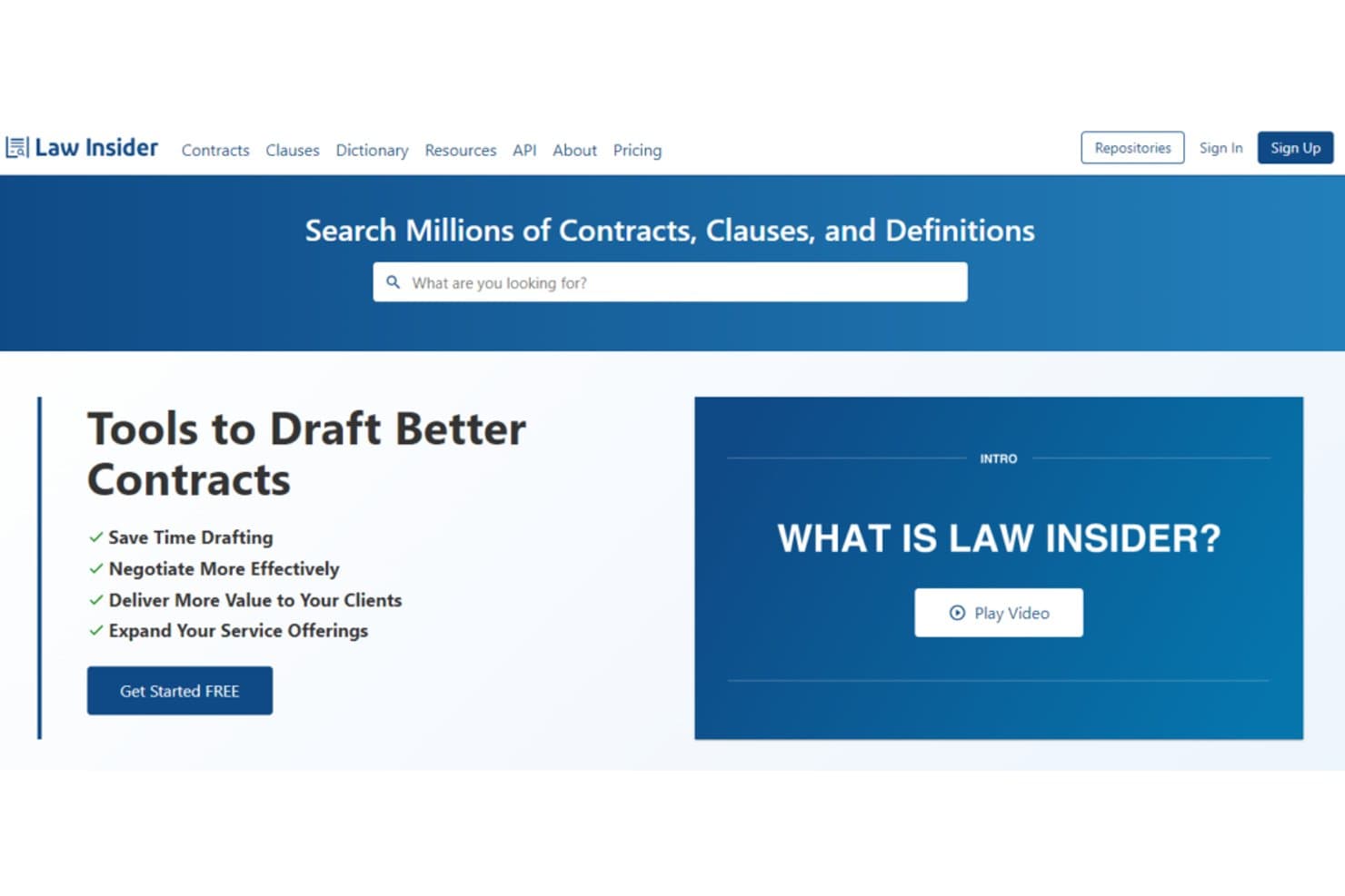 Homepage di Law Insider con barra di ricerca e panoramica degli strumenti per la redazione dei contratti.