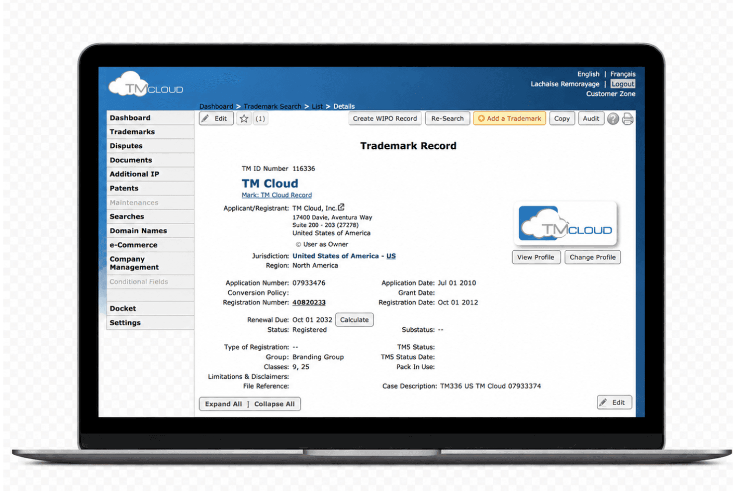 TM Cloud tilbyder en detaljeret visning af varemærkeoptegnelser med sagsstyringsfelter, herunder ansøgningsnummer, registreringsnummer, fornyelsesfrister og statushåndtering.