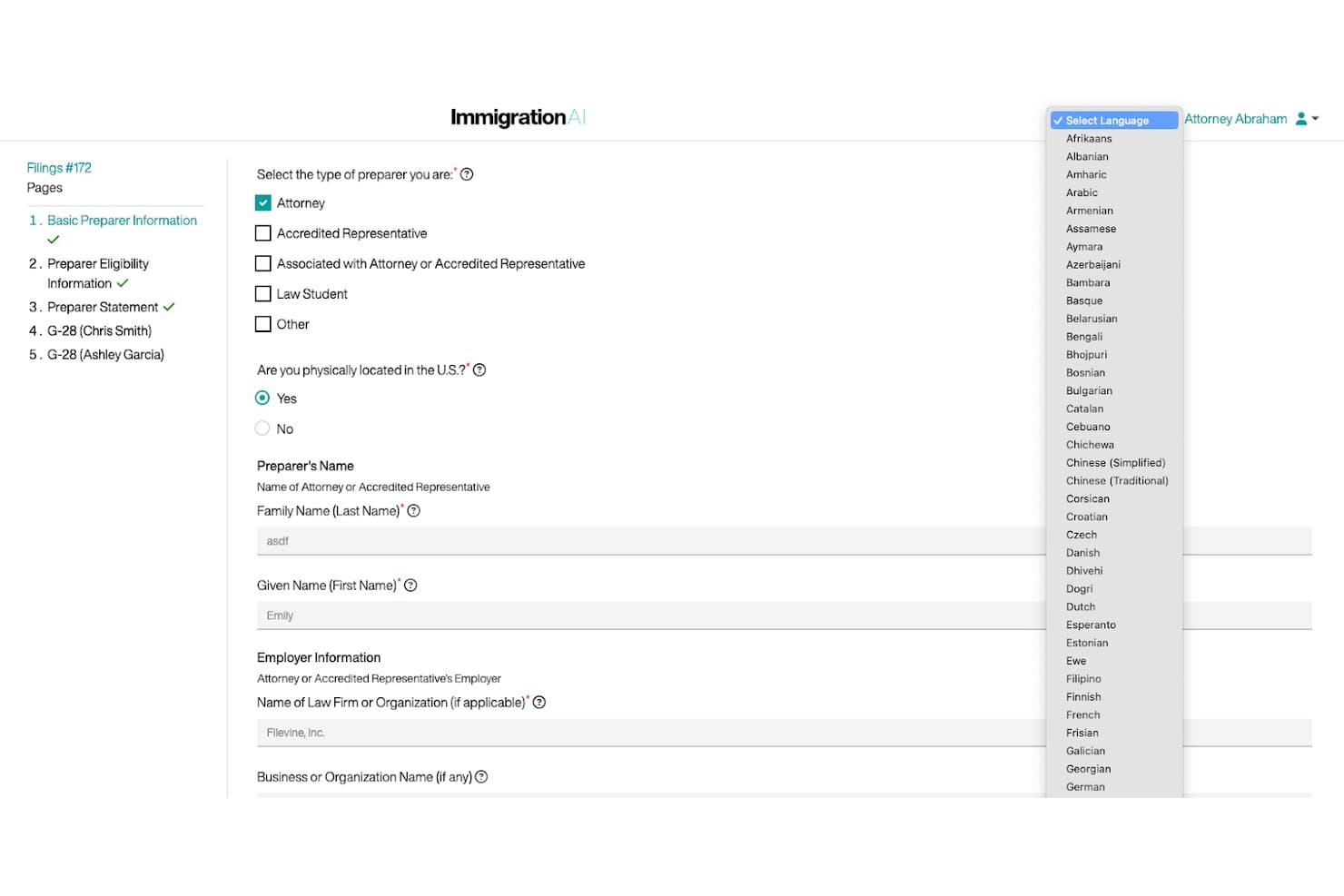 Filevine-immigrationsformular med afkrydsningsfelter for udfyldertype, navnefelter og rullemenu til valg af sprog.