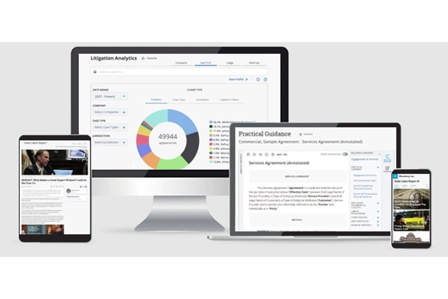 Più dispositivi che mostrano la dashboard di analisi dei contenziosi e documenti giuridici di Bloomberg Law.