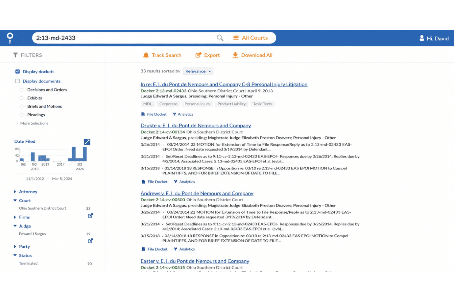 Docket Alarm tilbyder en søgbar database over sagsregistreringer med filtre for domstol, dommer, part og dato samt visning af sageresultater med muligheder for citationer og analyse.