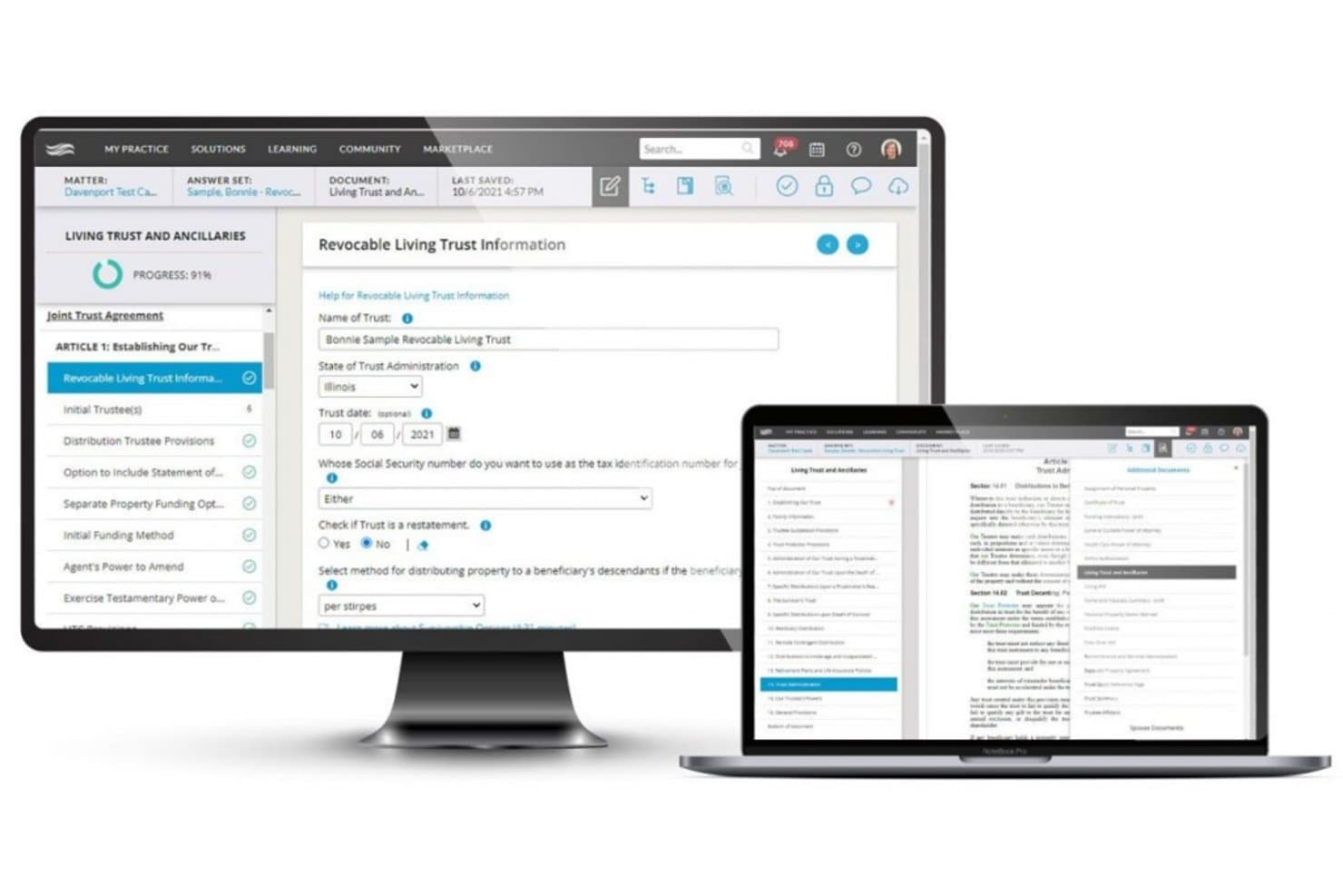Computer desktop e portatile che mostrano un modulo per un trust vivente revocabile con campi di inserimento.