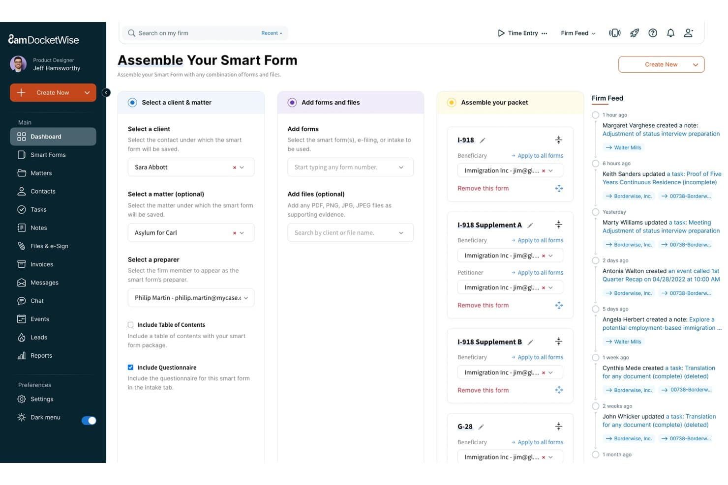 Skærmen Saml din Smartformular i 8am DocketWise, der viser trin til valg af klient, tilføjelse af formularer og samling af pakken.