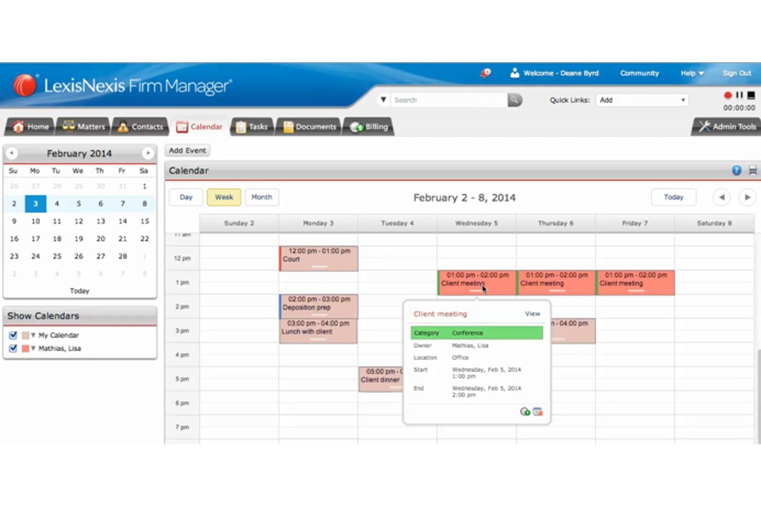 Vista del calendario settimanale di LexisNexis Firm Manager che mostra dal 2 all'8 febbraio 2014 con incontri con i clienti.
