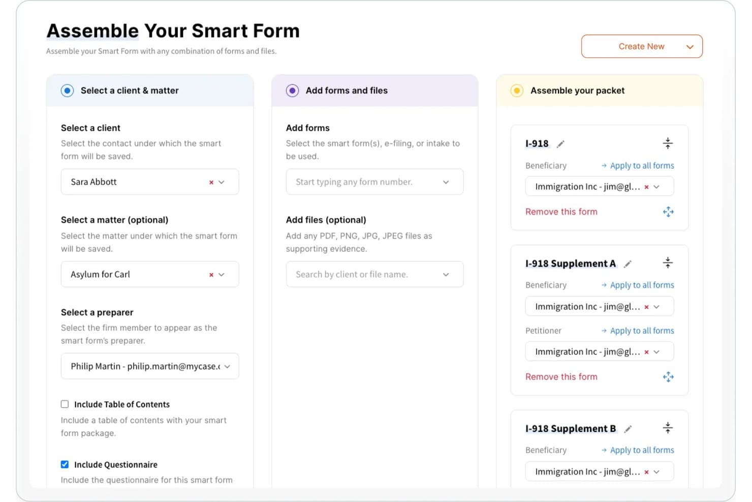 Docketwise Smart formularbygger med klientvalg, formularsamling og konfiguration af I-918-pakker.