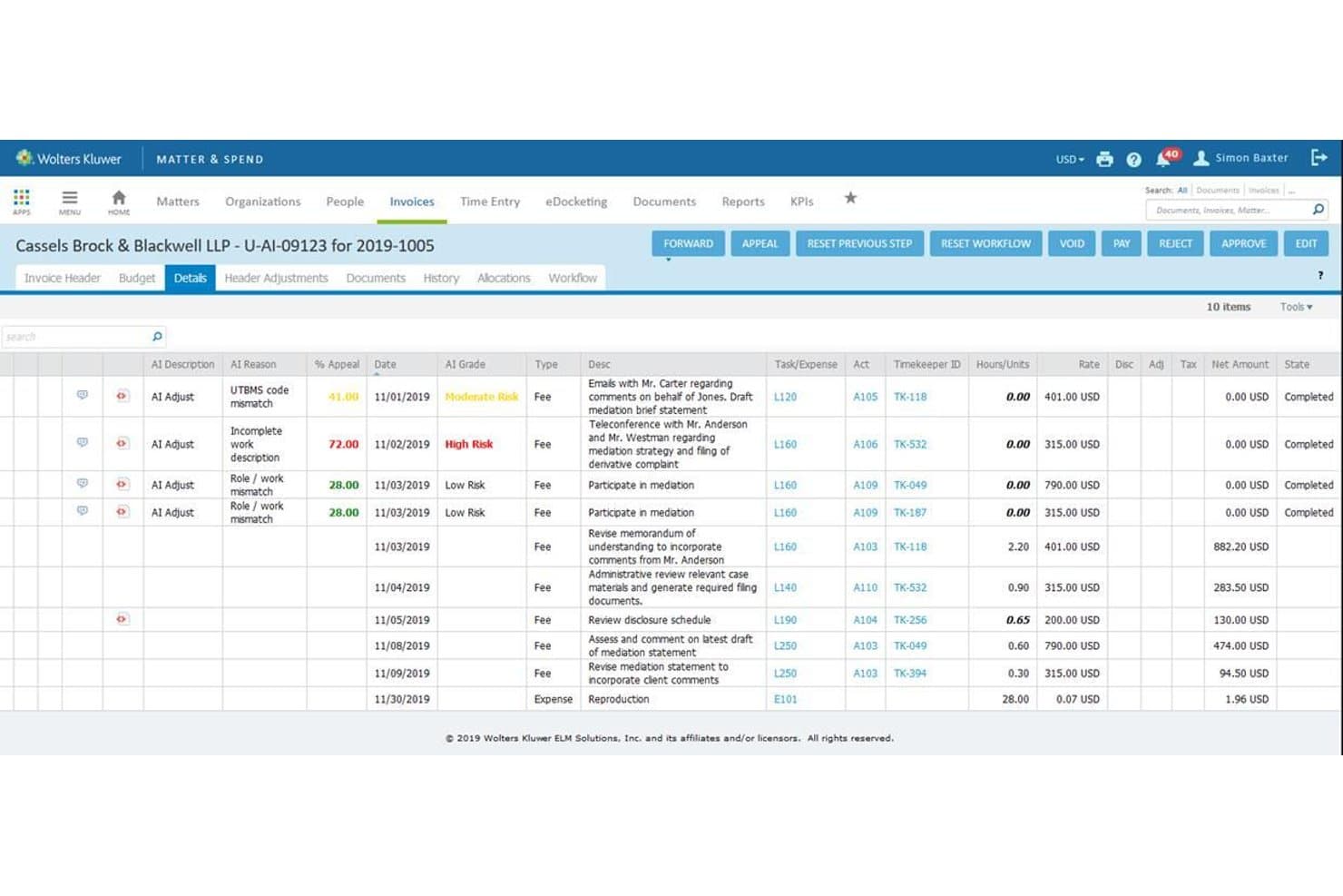 LegalVIEW BillAnalyzer-skærm med fakturadetaljer, der viser AI-markerede fakturalinjer med risikovurderinger og nettobeløb.