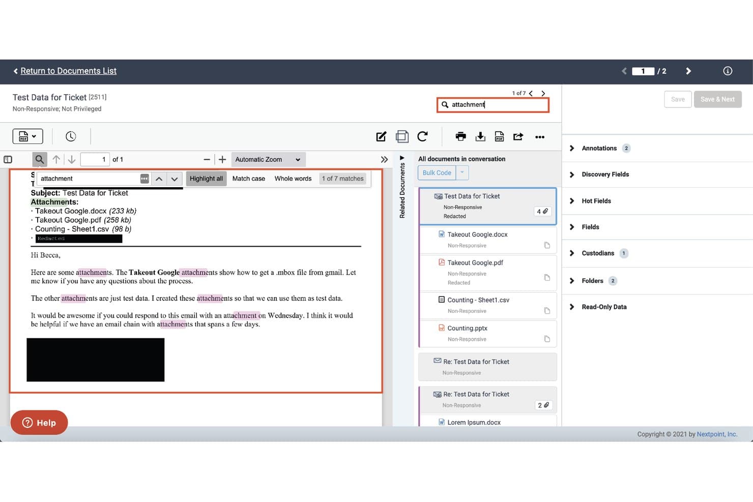 Interfaccia di revisione documenti di Nextpoint che mostra le evidenziazioni dei risultati di ricerca per la parola 'allegato' all'interno di un'email.