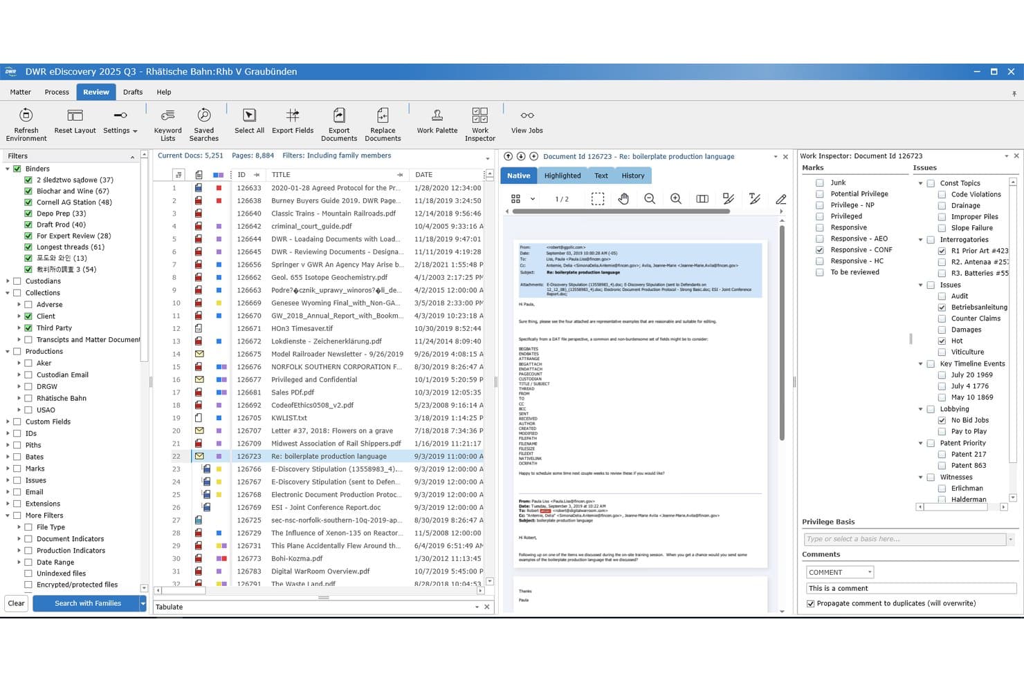 Schermata di revisione Digital WarRoom eDiscovery che mostra l'elenco dei documenti, l'anteprima dell'email e il pannello dell'ispettore di lavoro.