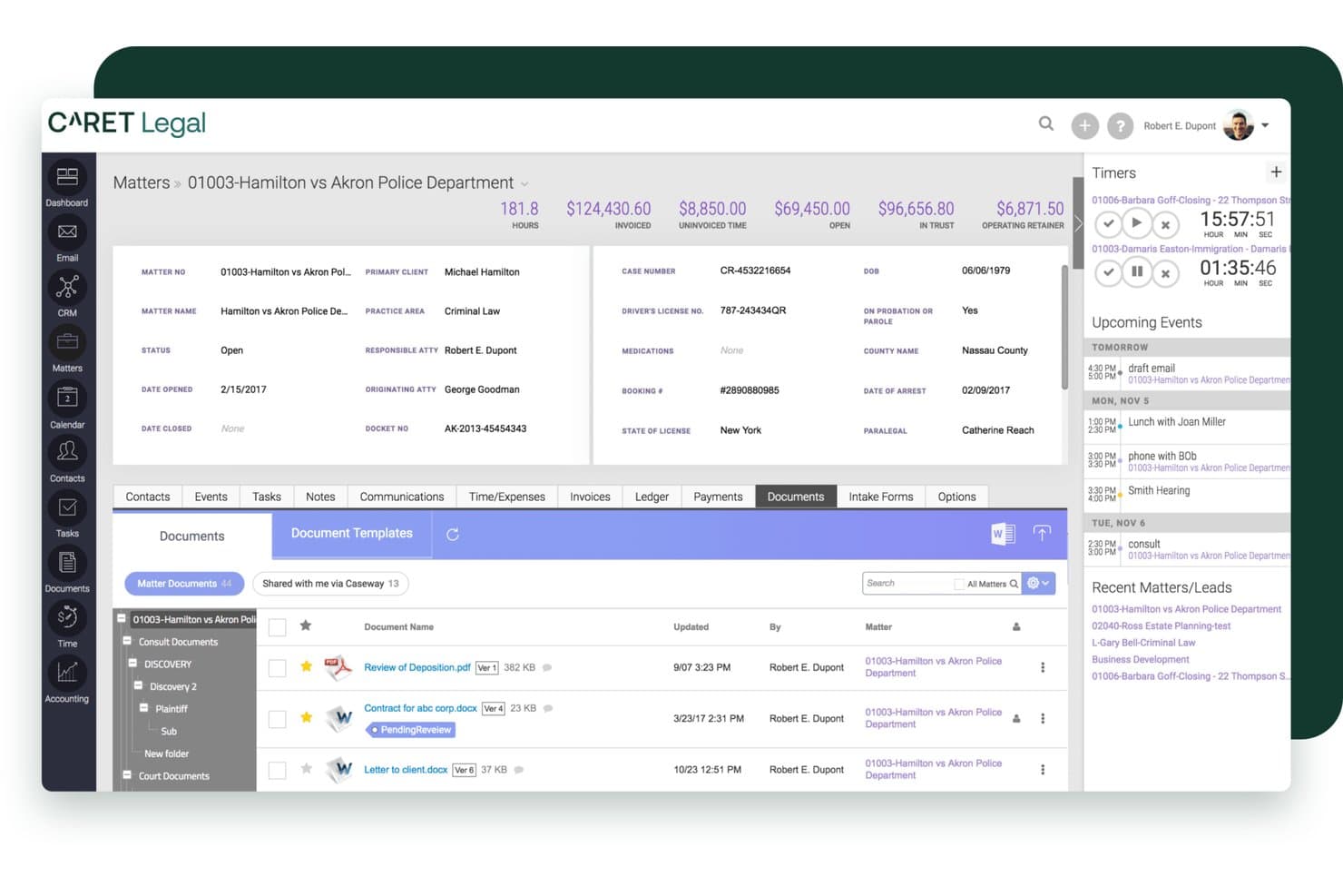 CARET Legal matter detail screen showing documents, billing totals, timers, and case information.