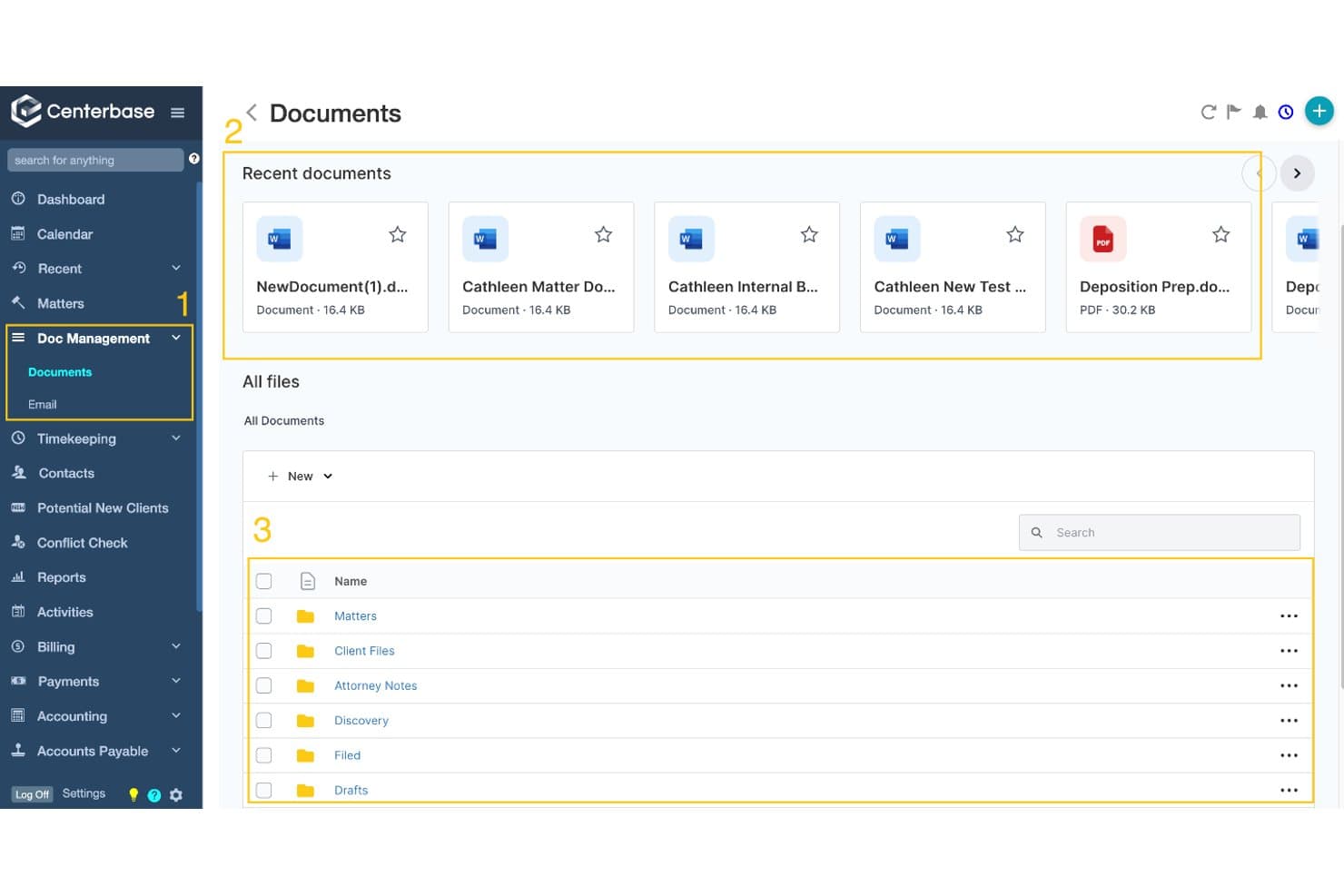 Centerbase Documents page showing recent files, folder list, and all documents view.