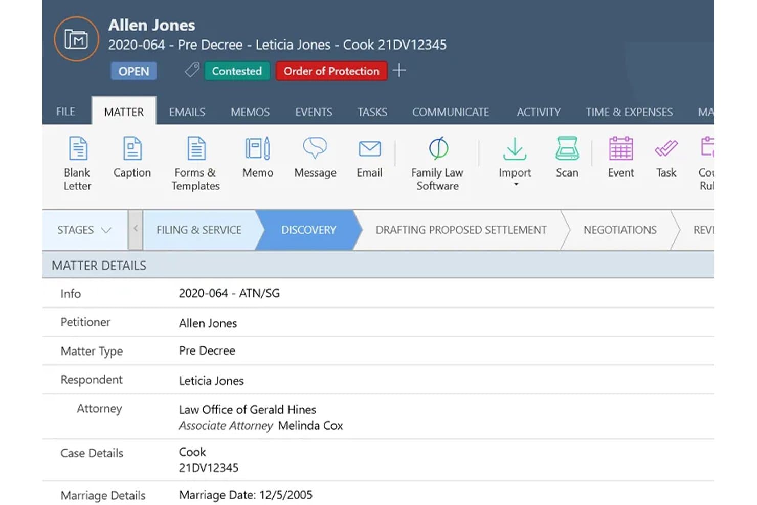 Smokeball case management screen showing matter details for a family law divorce case.