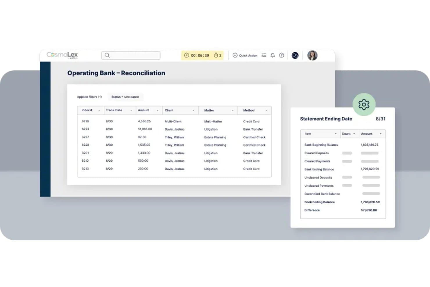 CosmoLex Operating Bank Reconciliation screen showing transactions and a statement ending balance summary panel.