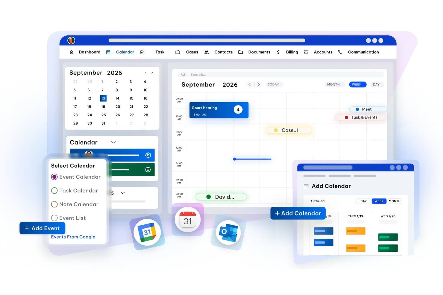 CaseFox-Rechtskalendersoftware mit Wochenansicht, Gerichtstermin und Menü zur Kalenderauswahl
