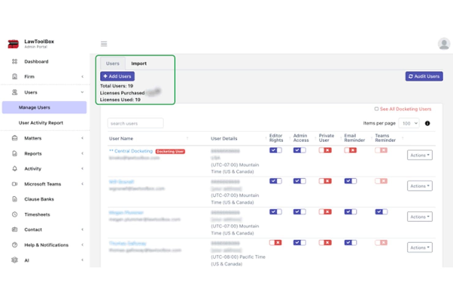 LawToolBox-Dashboard mit Benutzerkonten, Lizenzdetails, Zugriff auf die Aktenführung, Kalenderberechtigungen, E-Mail-Erinnerungen und Teams-Erinnerungen