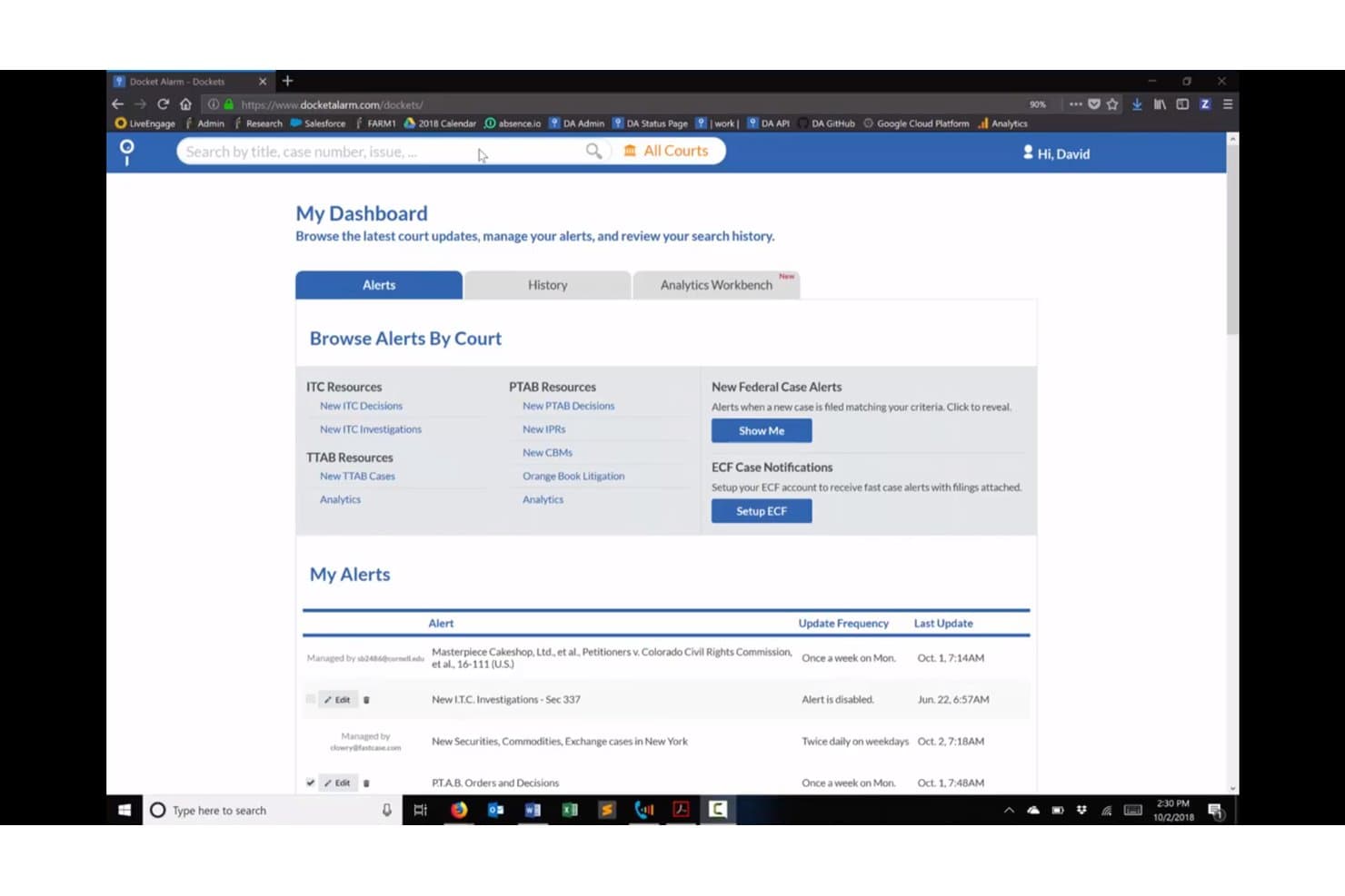Docket Alarm-Dashboard mit Gerichtsbenachrichtigungen, Fallbenachrichtigungen und Tabelle zur Aktualisierungshäufigkeit.