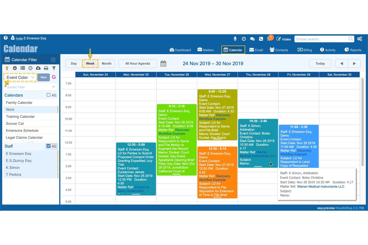 HoudiniESQ wöchentlicher Rechtskalender mit farbcodierten gerichtlichen Fristen, Falldetails, Mitarbeiterzuweisungen, Aktenereignissen und Planungsfiltern